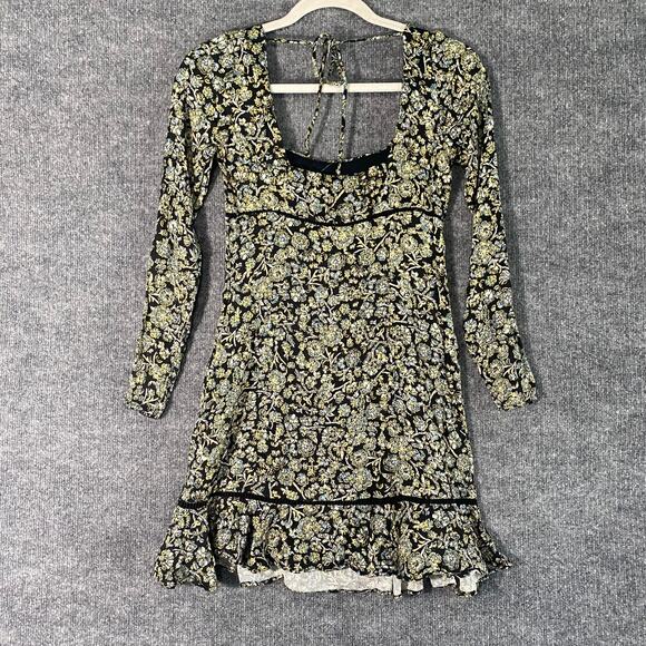 Free People Boheme Dress 4 Small Black Green Long Sleeve Floral Mini A-Line - Picture 4 of 15